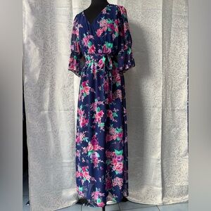 Floral Maxi Dress in Navy with Pink and Green Accents